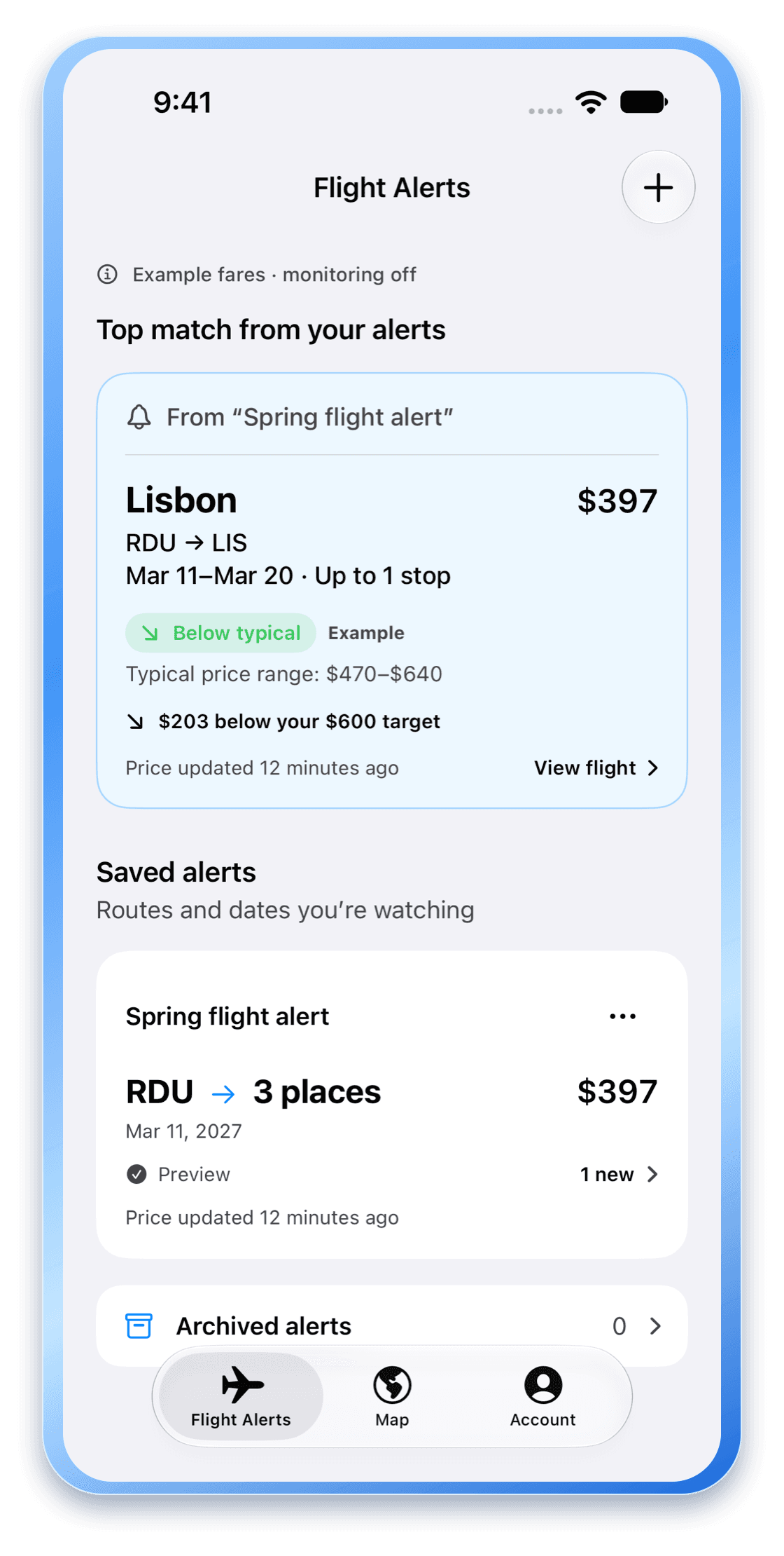 FlightCal Flight Alerts screen